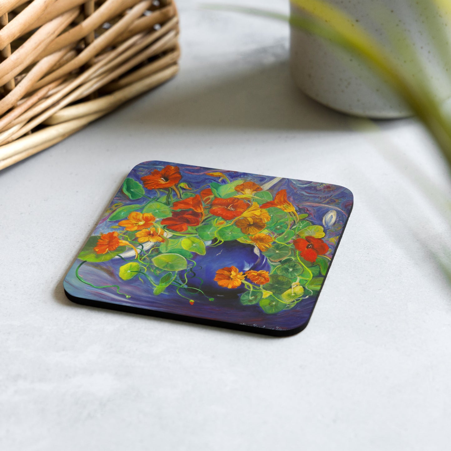 Nasturtiums in a Blue Vase - Cork-back coaster