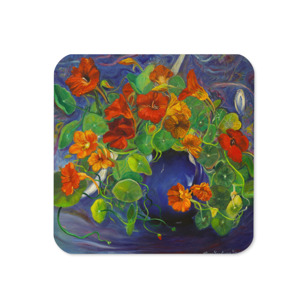 Nasturtiums in a Blue Vase - Cork-back coaster
