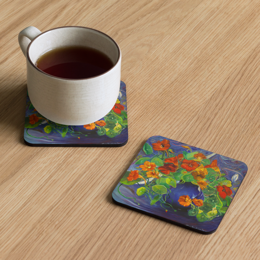 Nasturtiums in a Blue Vase - Cork-back coaster