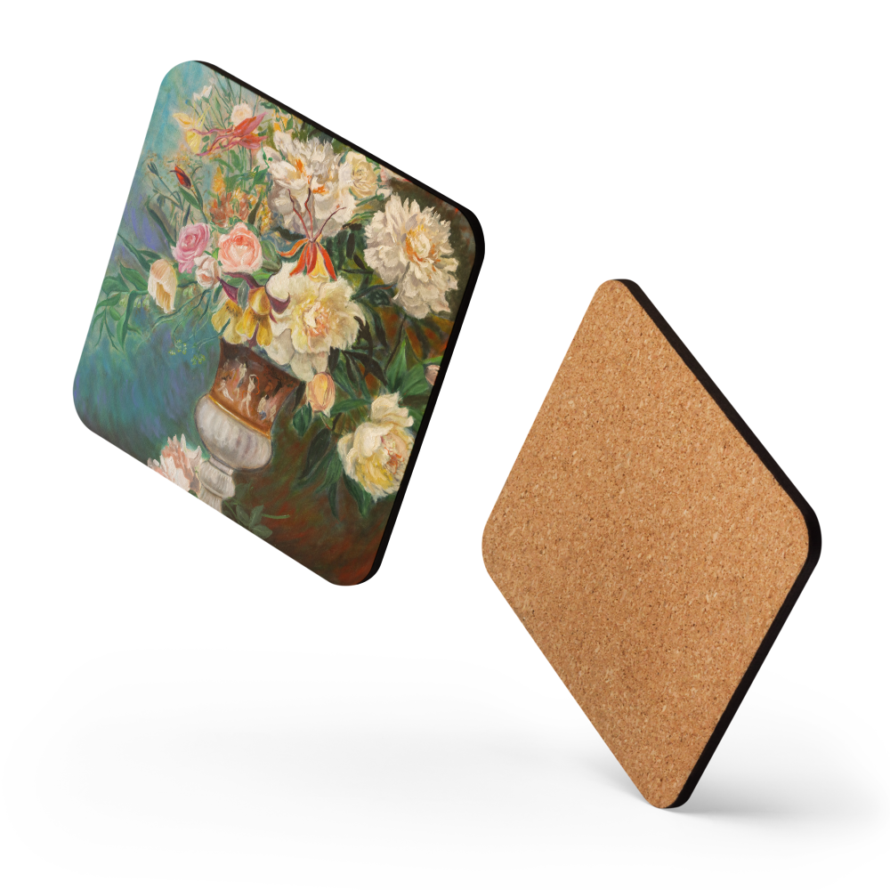 Peonies in Antique Vase - Cork-back coaster
