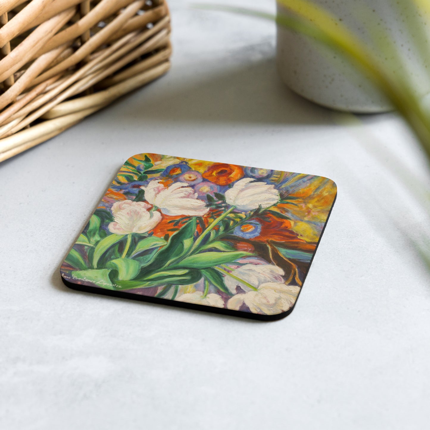 White Tulips - Cork-back coaster