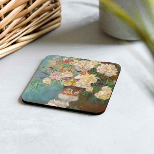 Peonies in Antique Vase - Cork-back coaster