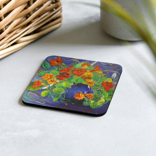 Nasturtiums in a Blue Vase - Cork-back coaster