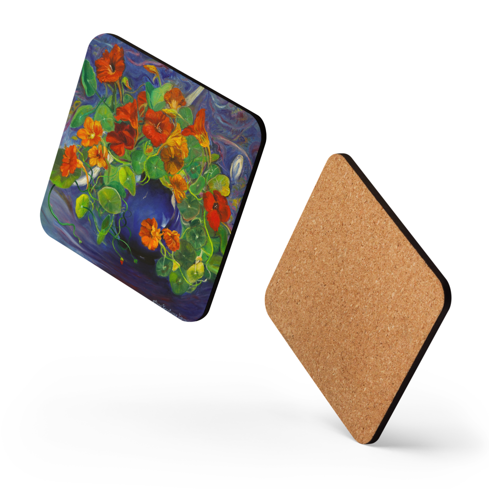 Nasturtiums in a Blue Vase - Cork-back coaster