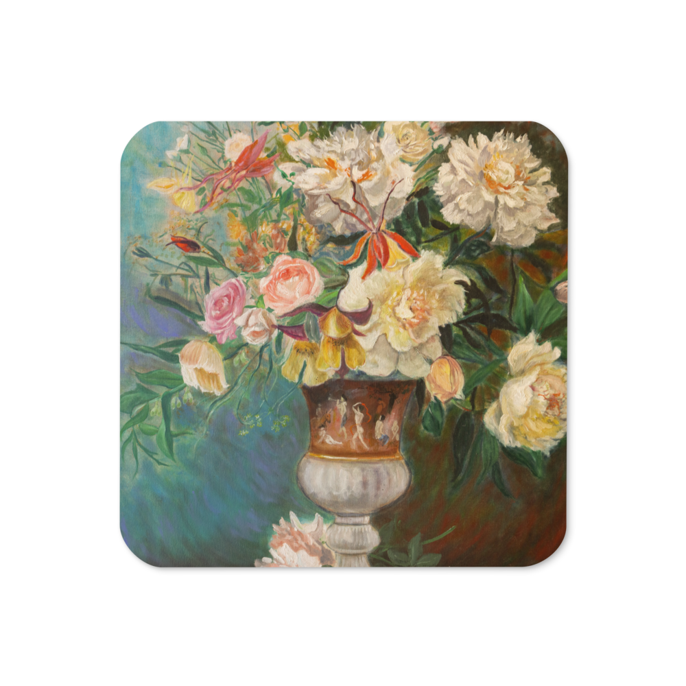 Peonies in Antique Vase - Cork-back coaster