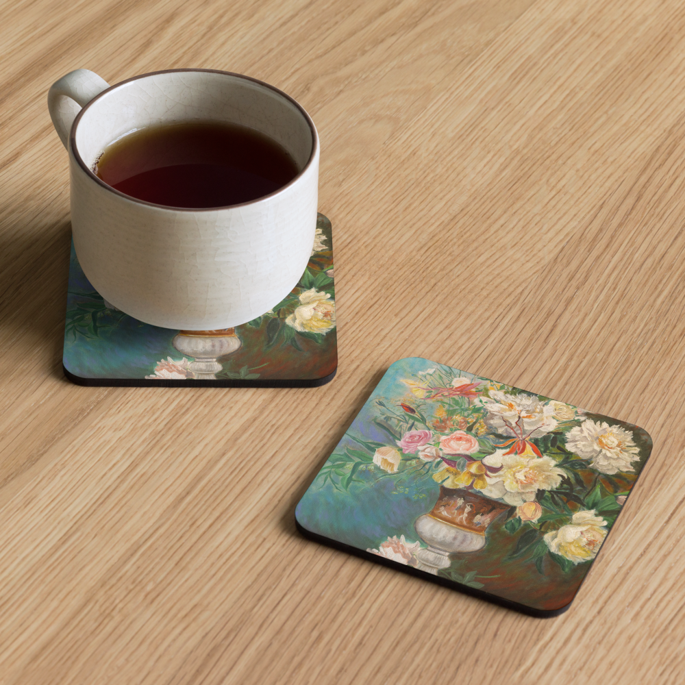 Peonies in Antique Vase - Cork-back coaster